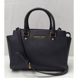 Michael Kors Black Leather Double Handles Zipper Closure Satchel Bag